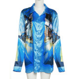 Fashion printed long sleeve color contrast lapel shirt slim top