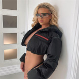 Fashionable printed zipper hood waist loose short cotton coat