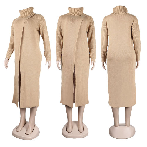 Sexy slim round neck pullover split sweater dress