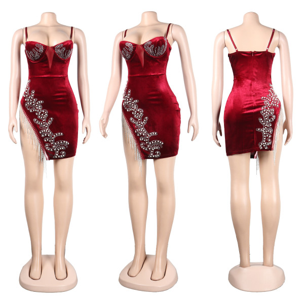 Sexy Slim Slim Split Hot Drilled Fringe Dress
