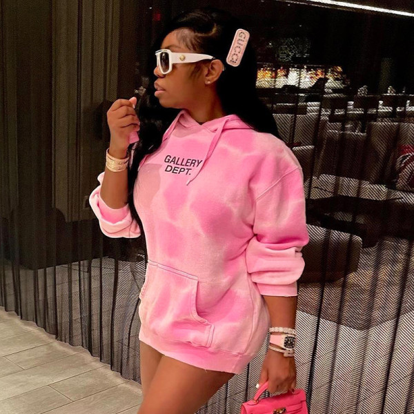 Hooded Cord Long Sleeve Lettering Long Sweater Pocket Top