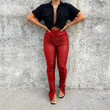 Women's pleated tight and versatile high elastic PU leather casual pants