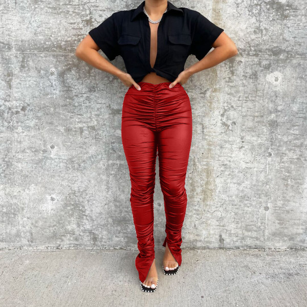 Women's pleated tight and versatile high elastic PU leather casual pants