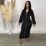 Solid double zipper pleated sleeve dress