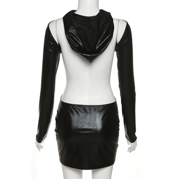 Sexy cut out imitation leather back neck hanging high waist tight solid color hip wrap dress