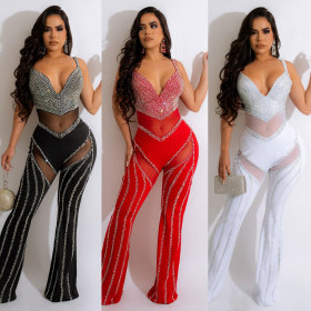 Sexy perspective deep V suspender hot drilling jumpsuit