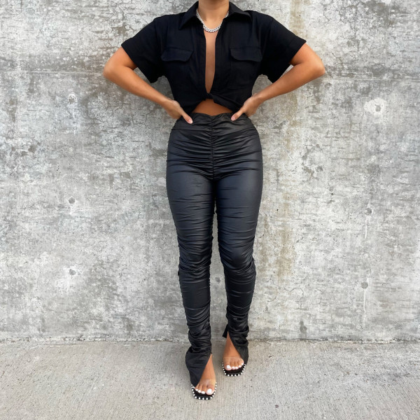 Women's pleated tight and versatile high elastic PU leather casual pants