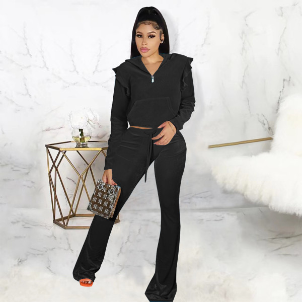 Women's cute ruffle zipper pullover top pocket flare pants