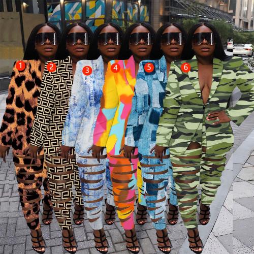 Sexy slim cardigan printed two-piece nightclub suit