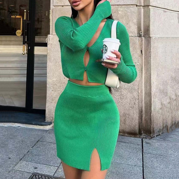 Woven women's sweater two-piece new sexy V-neck long sleeve high waist skirt suit in autumn and winter