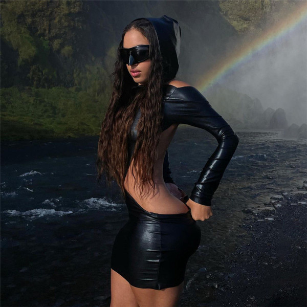 Sexy cut out imitation leather back neck hanging high waist tight solid color hip wrap dress