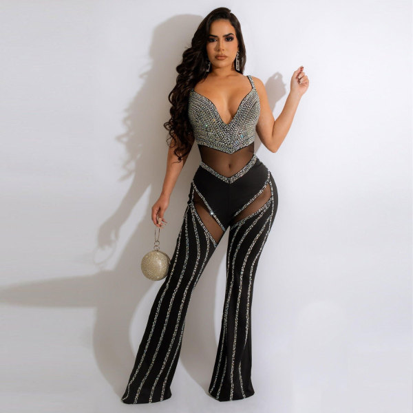 Sexy perspective deep V suspender hot drilling jumpsuit