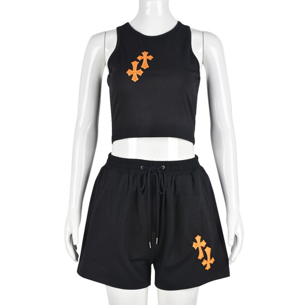 Embroidered cross flower open navel vest shorts women's suit