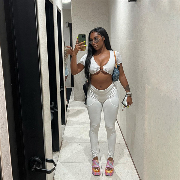 Solid Slim Slim Short Sleeve Top High Waist Tight Pants Set