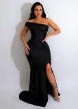 Women's sloping shoulder off the neck mercerized mop dress slit evening dress dress