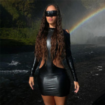 Sexy cut out imitation leather back neck hanging high waist tight solid color hip wrap dress