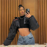 Fashionable printed zipper hood waist loose short cotton coat