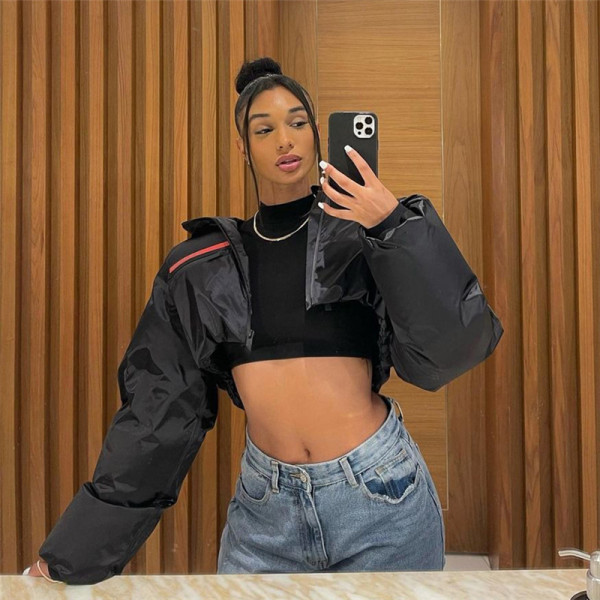 Fashionable printed zipper hood waist loose short cotton coat