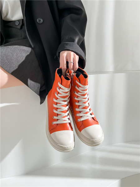 Orange thick soled high top shoes Candy colored student shoes lace up lovers' casual shoes