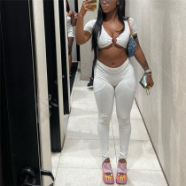 Solid Slim Slim Short Sleeve Top High Waist Tight Pants Set