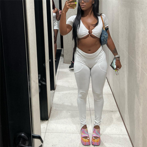 Solid Slim Slim Short Sleeve Top High Waist Tight Pants Set