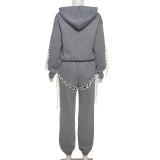 Solid Fit Long Sleeve Punched Strap Loose Straight Casual Shorts Set