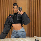 Fashionable printed zipper hood waist loose short cotton coat