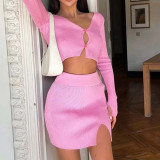 Woven women's sweater two-piece new sexy V-neck long sleeve high waist skirt suit in autumn and winter