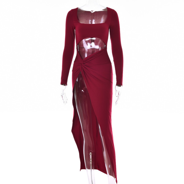Women's sexy high slit cut out long dress fashion square neck long sleeve dress