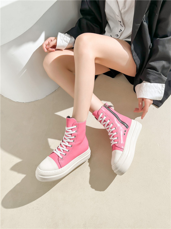 High top shoes with thick soles Women's zipper Canvas lace up high casual shoes Student muffin shoes
