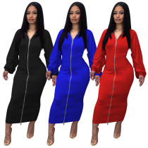 Solid double zipper pleated sleeve dress Solid double zipper pleated sleeve dress