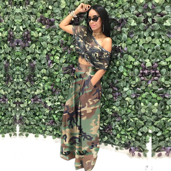 Camouflage printed elastic waist wide leg pants casual pants