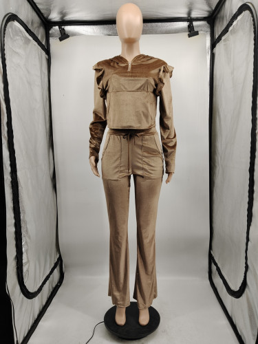 Women's cute ruffle zipper pullover top pocket flare pants