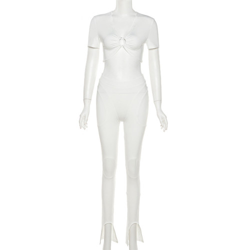Solid Slim Slim Short Sleeve Top High Waist Tight Pants Set