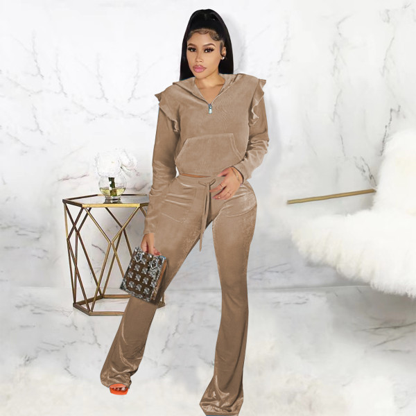 Women's cute ruffle zipper pullover top pocket flare pants