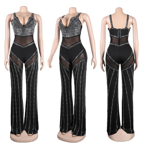 Sexy perspective deep V suspender hot drilling jumpsuit