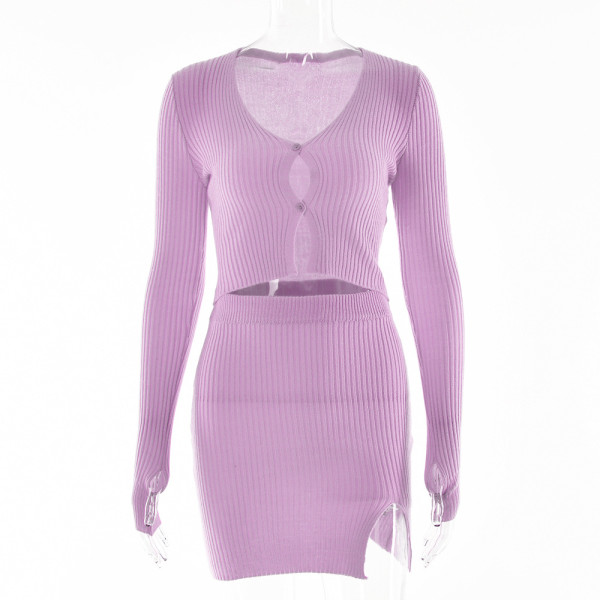 Woven women's sweater two-piece new sexy V-neck long sleeve high waist skirt suit in autumn and winter