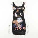 Hip Hop Portrait Print Open Umbilical Strap Dress Women's Sexy Waist Hollow Hip Wrap Dress