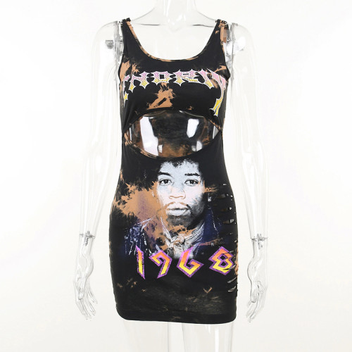 Hip Hop Portrait Print Open Umbilical Strap Dress Women's Sexy Waist Hollow Hip Wrap Dress