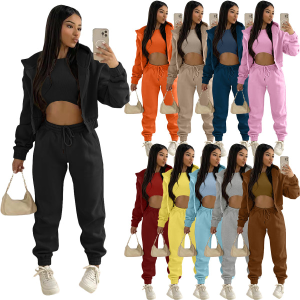 Hooded sports and leisure suit with fleece sweater (three-piece suit)