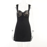 Sexy Lace Splice Wave Neck A-line Swing Dress Backless Tie Hip Wrap Dress