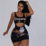 Hip Hop Portrait Print Open Umbilical Strap Dress Women's Sexy Waist Hollow Hip Wrap Dress