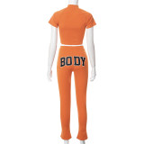 Fashion BODY printed open chest zipper short sleeve wide leg sports casual suit