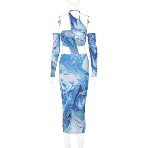 Colorful water ripple sexy hollow fashion open back irregular dress