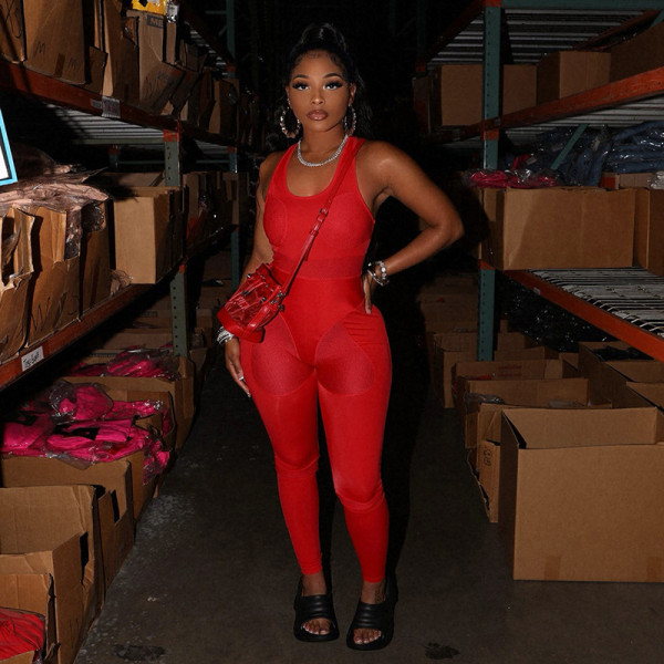 Tight, breathable, solid color, sports sleeveless jumpsuit