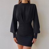 Solid color long sleeve temperament waist bag hip dress