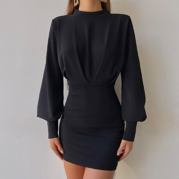 Solid color long sleeve temperament waist bag hip dress