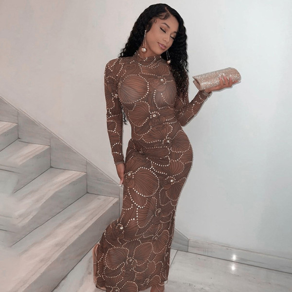 Knitted high collar hot drill flower fishtail long dress sexy slim long sleeve dress