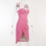 Leather suspender pleated slit long skirt Fashion sexy temperament slim dress in autumn
