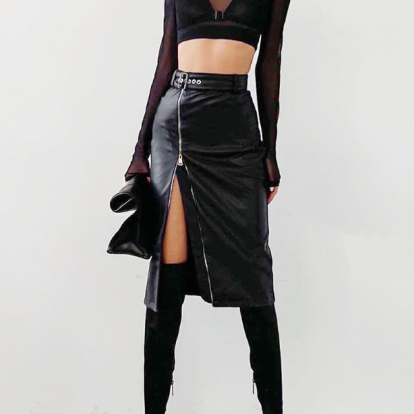 New fashion high waist PU personality irregular zipper skirt